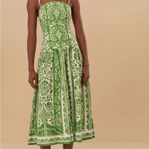 Farm Rio Dress LINEN Green and Cream Floral Midi Dress